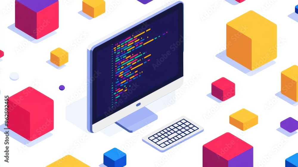 Explore the world of coding with vibrant isometric illustrations showcasing programming concepts on a computer screen. Explore the world of coding with vibrant isometric illustrations showcasing programming concepts on a computer screen.