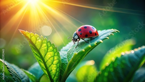 Small, delicate, red and black ladybug with six spots perched on a fresh green leaf, surrounded by soft focus blurred garden foliage and sunlight. photo