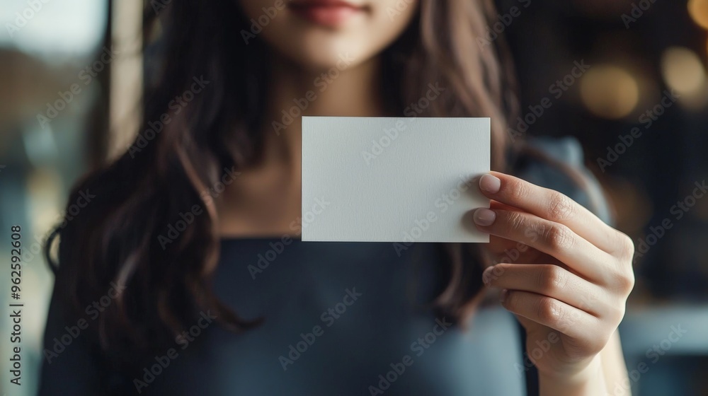 a beautiful woman holding up a blank white business card a beautiful woman holding up a blank white business card