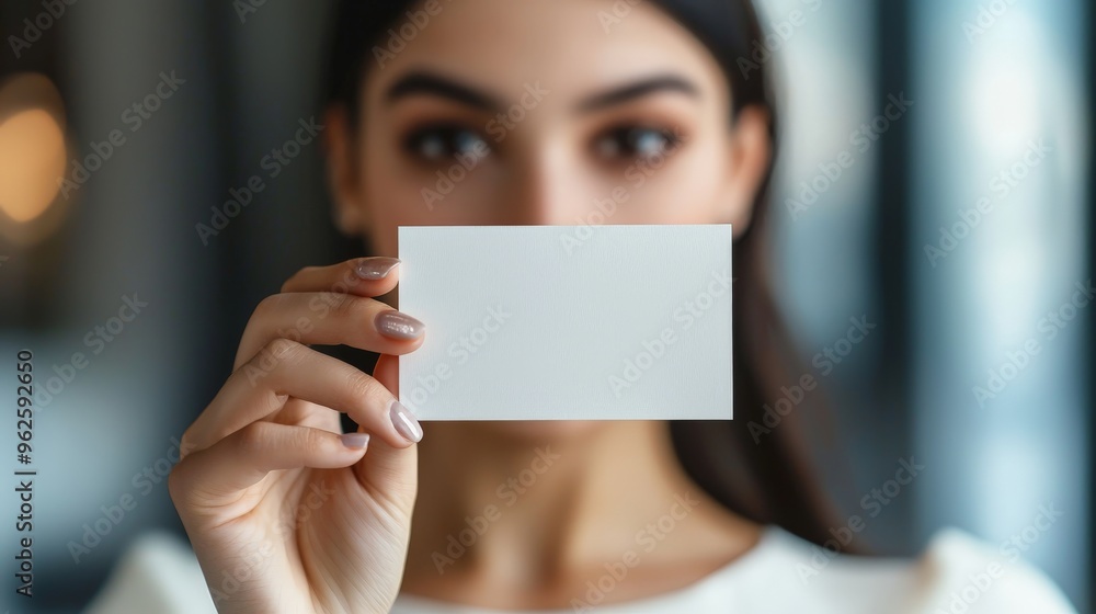 a beautiful woman holding up a blank white business card a beautiful woman holding up a blank white business card