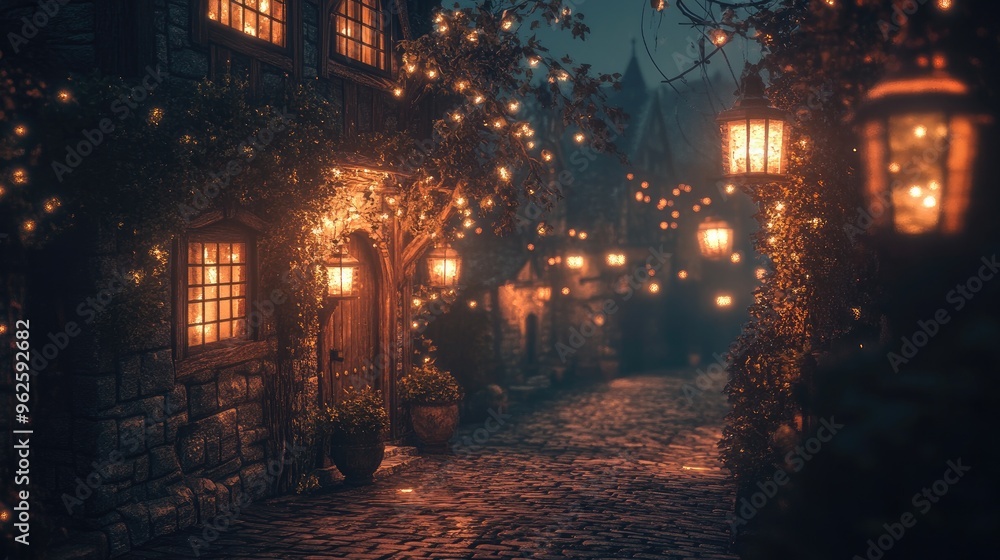 A lantern-lit street in a small town at night, with soft light effects illuminating the cobblestone path A lantern-lit street in a small town at night, with soft light effects illuminating the cobblestone path