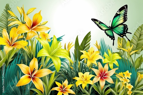 Vibrant Yellow and Chartreuse Wildflowers with Shimmering Butterfly Among Tropical Blooms