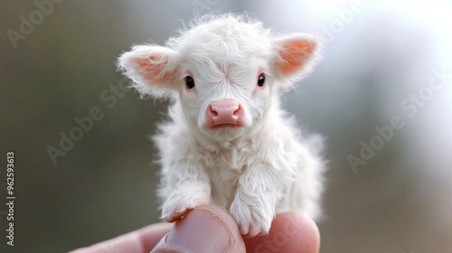 A baby cow with a white face and pink nose is being held in a person's hand
