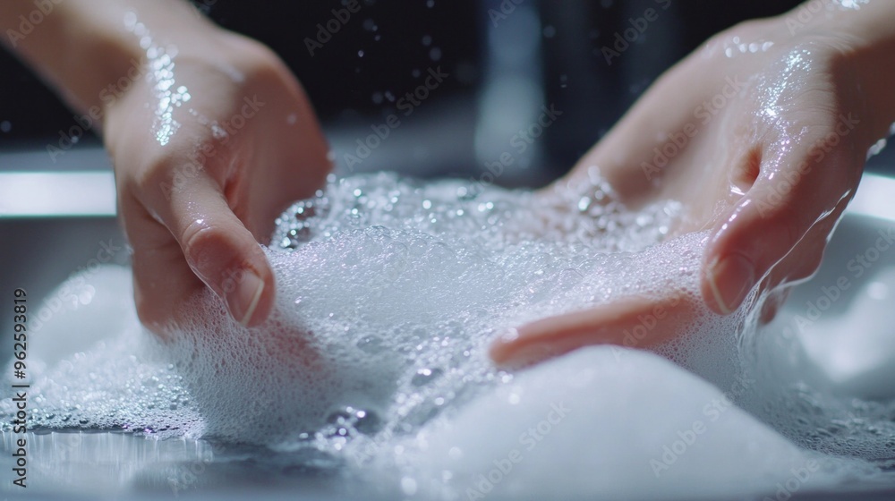 A person's hands are in a sink full of bubbles A person's hands are in a sink full of bubbles