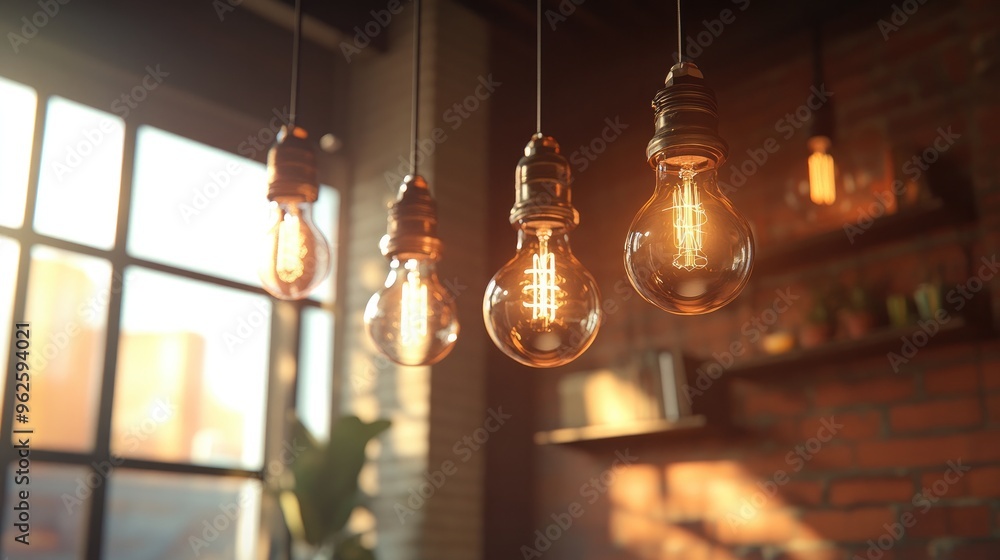 A series of Edison bulbs hanging from the ceiling, casting warm, vintage light effects in a cozy interior space A series of Edison bulbs hanging from the ceiling, casting warm, vintage light effects in a cozy interior space
