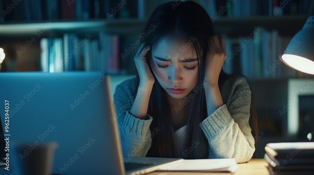 A woman is sitting at a desk with a laptop and a stack of books A woman is sitting at a desk with a laptop and a stack of books