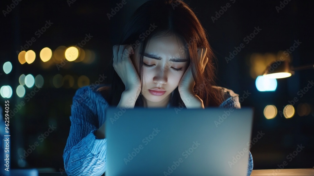 A woman is sitting at a desk with a laptop open in front of her A woman is sitting at a desk with a laptop open in front of her