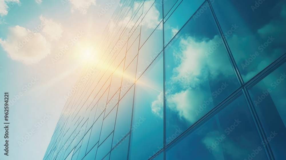 A shot of a modern building with reflective glass panels, with sunlight casting bright light effects and reflections A shot of a modern building with reflective glass panels, with sunlight casting bright light effects and reflections