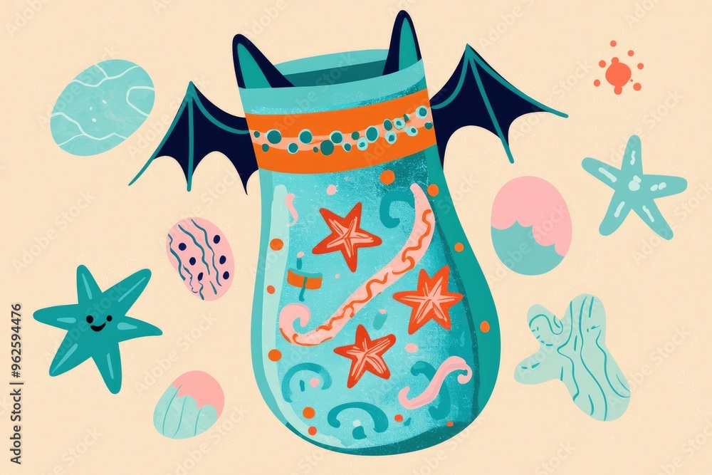Naklejka premium Sea Creature Jar with Wings