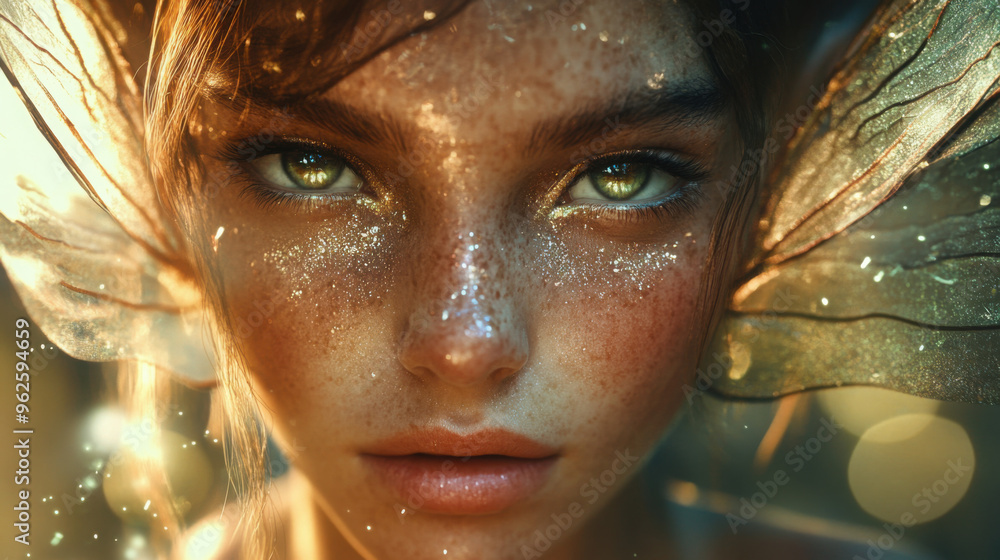 A close-up of a fairy face, with shimmering makeup and delicate wings, set against a mystical background A close-up of a fairy face, with shimmering makeup and delicate wings, set against a mystical background
