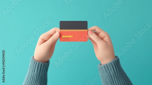 Hands Holding a Credit Card on a Turquoise Background