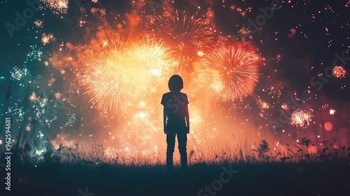 A silhouette of a person standing in front of fireworks, with bright, exploding light effects illuminating the night sky