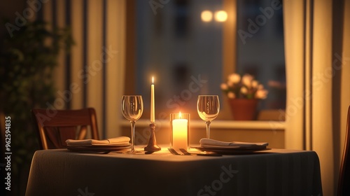 A soft, warm glow of candlelight illuminating a small dinner table set for two, creating a romantic light effect