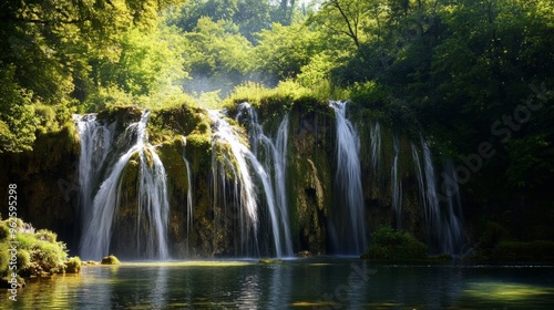 A waterfall with a stream of water flowing down it
