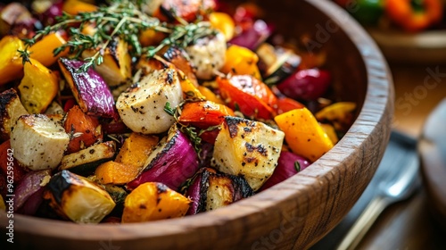 Close-up of Roasted Vegetables in a Wooden Bowl