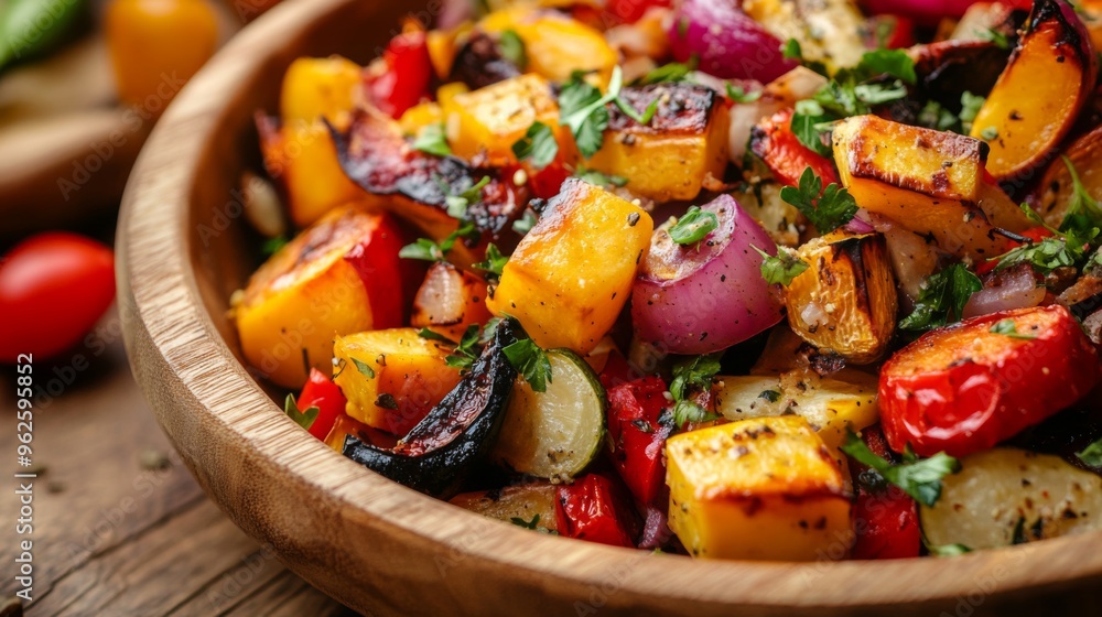 Close-up of a Wooden Bowl Filled with Roasted Vegetables Close-up of a Wooden Bowl Filled with Roasted Vegetables