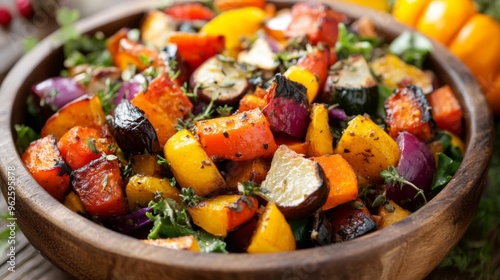 Roasted Vegetable Salad in Wooden Bowl with Herbs