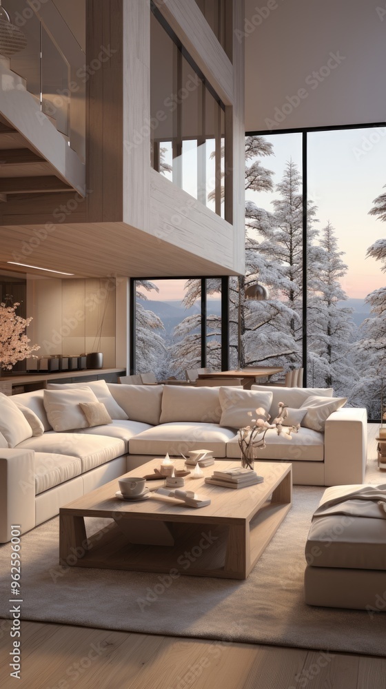 Fototapeta premium Modern home interior with fireplace, Scandinavian style, 3d render 