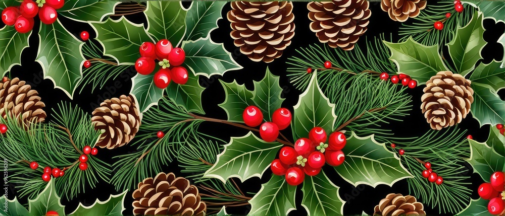Fototapeta premium Christmas Decoration with Holly and Pine Cones