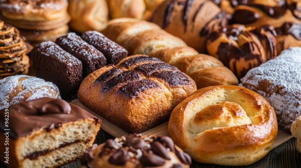 A table full of various pastries and baked goods, including donuts, croissants A table full of various pastries and baked goods, including donuts, croissants