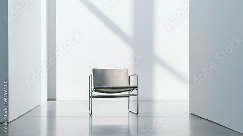 A minimalist chair with a metal frame and leather seat, placed in a modern art gallery with white walls.