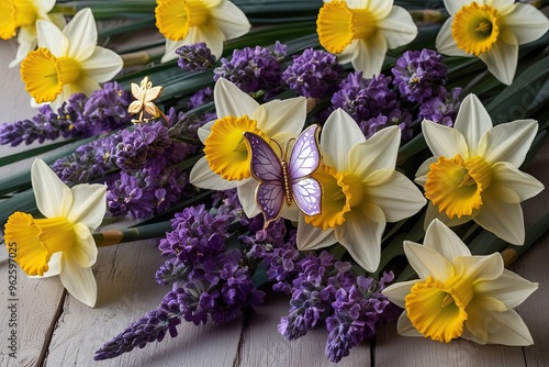 Lavender and Gold Floral Arrangement with Butterfly and Daffodils