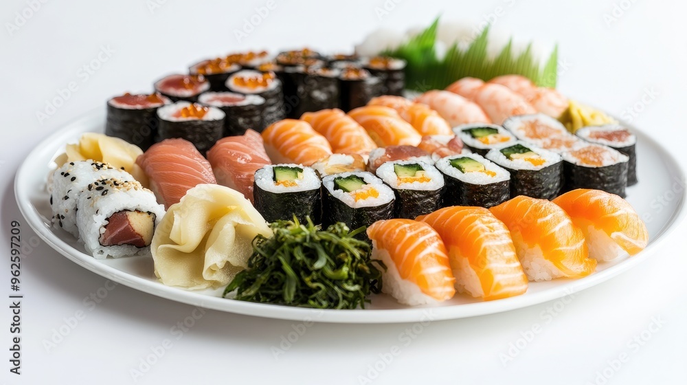 A modern sushi platter, with assorted nigiri and maki rolls, garnished with seaweed salad and ginger slices. A modern sushi platter, with assorted nigiri and maki rolls, garnished with seaweed salad and ginger slices.
