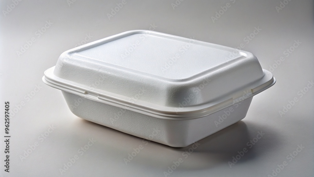 A white, compact, and lightweight foam food container with a hinged lid, perfect for takeout, leftovers, or meal delivery, resting on a neutral background. A white, compact, and lightweight foam food container with a hinged lid, perfect for takeout, leftovers, or meal delivery, resting on a neutral background.