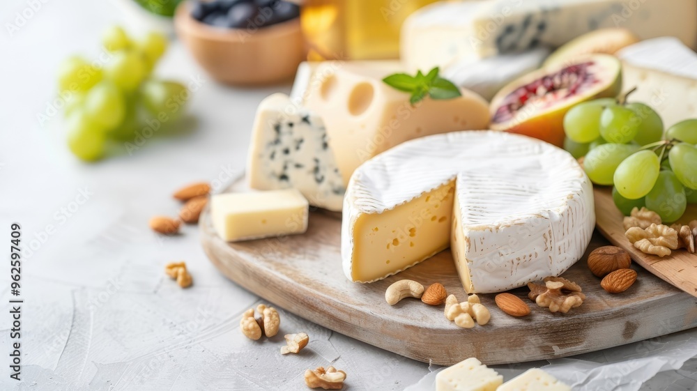 A vibrant cheeseboard overflowing with artisanal cheeses, fruits, nuts, and crackers. A vibrant cheeseboard overflowing with artisanal cheeses, fruits, nuts, and crackers.