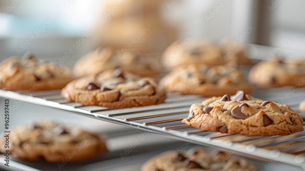 A modern convection oven displays a tray of freshly baked chocolate chip cookies. A modern convection oven displays a tray of freshly baked chocolate chip cookies.