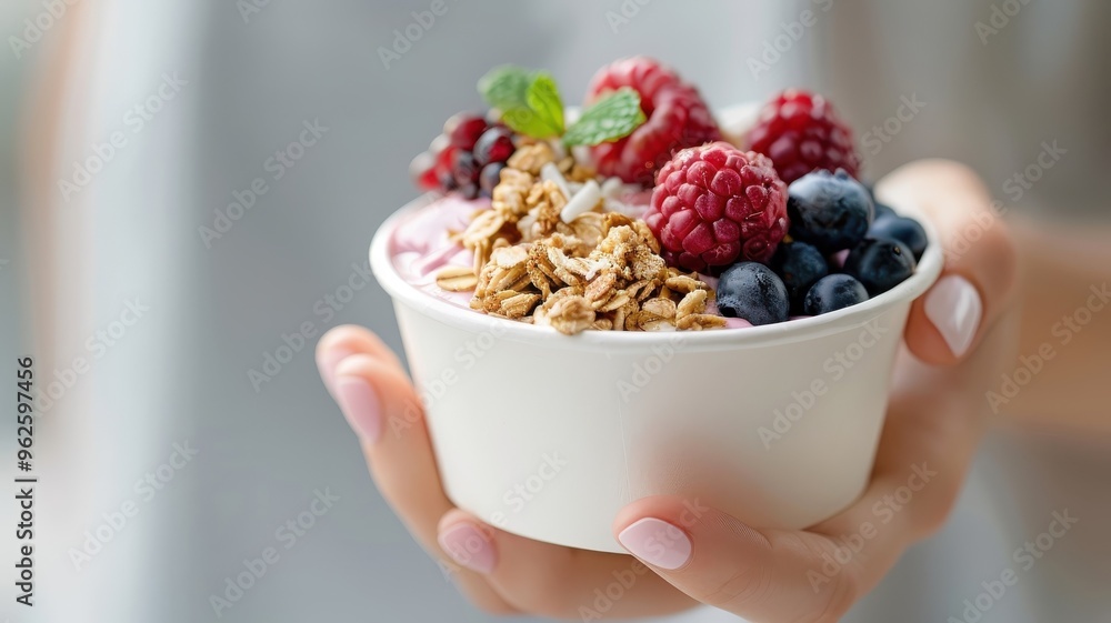 A hand with painted nails holding a paper cup filled with an acai bowl. A hand with painted nails holding a paper cup filled with an acai bowl.