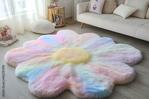 A colorful fluffy rug shaped like a flower on a wooden floor. photo