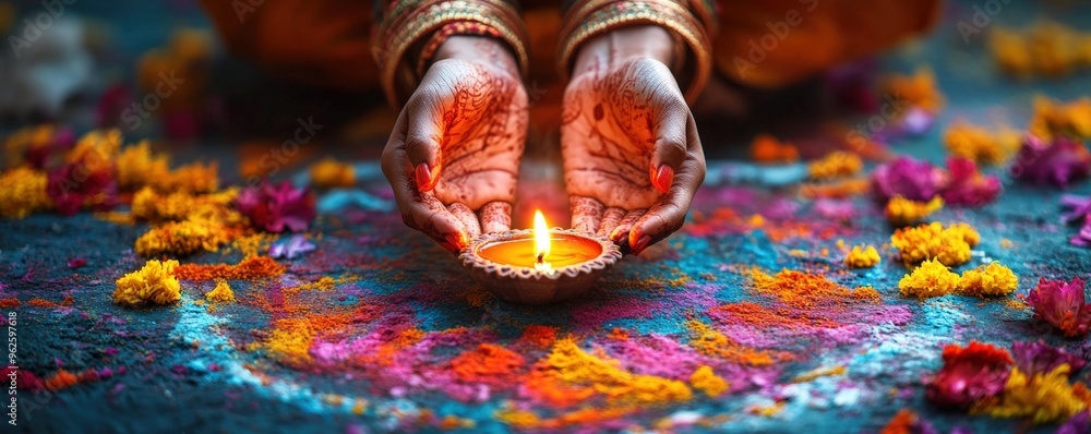 Fototapeta premium Hands lighting a diya on a colorful rangoli, with bright decorations and flowers in the background symbolizing Diwali's unity.