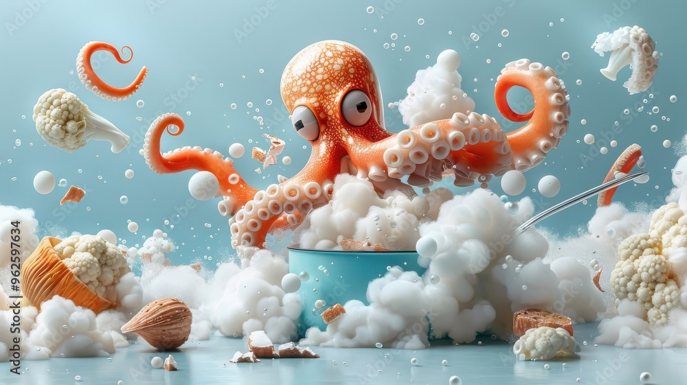 A whimsical illustration of a squid character dancing around a pot of stew. A whimsical illustration of a squid character dancing around a pot of stew.