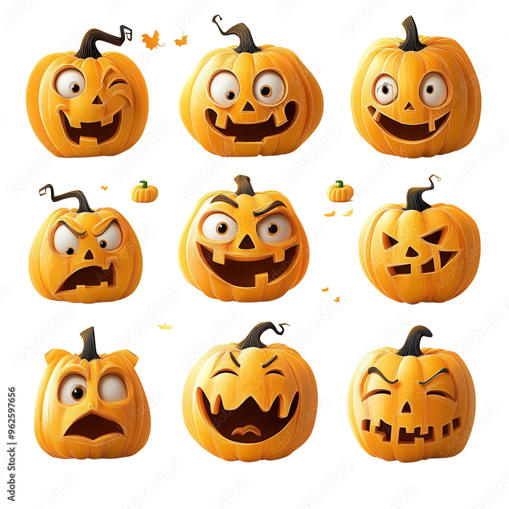A collection of cheerful and spooky pumpkin faces, perfect for Halloween decorations or festive illustrations. A collection of cheerful and spooky pumpkin faces, perfect for Halloween decorations or festive illustrations.