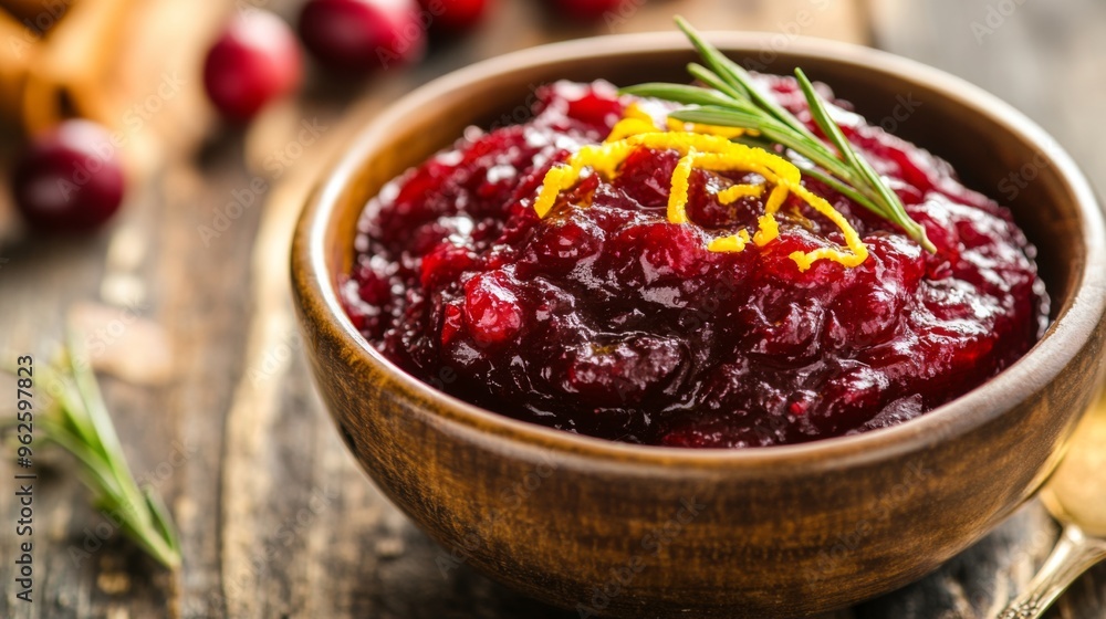Close-up of Cranberry Sauce with Orange Zest and Rosemary Sprig in a Wooden Bowl Close-up of Cranberry Sauce with Orange Zest and Rosemary Sprig in a Wooden Bowl
