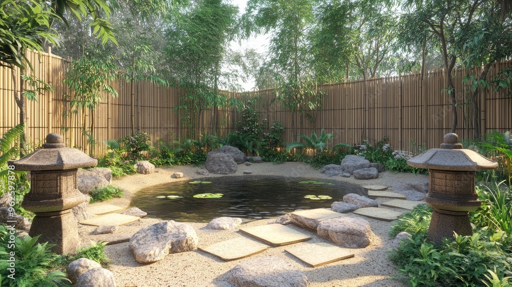 A quiet meditation garden with a bamboo fence, stone lanterns, and a small pond. -