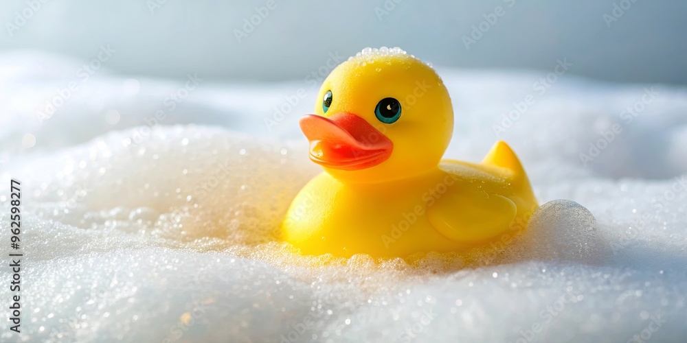 Floaty bath duck toy surrounded by soap foam in the water Floaty bath duck toy surrounded by soap foam in the water