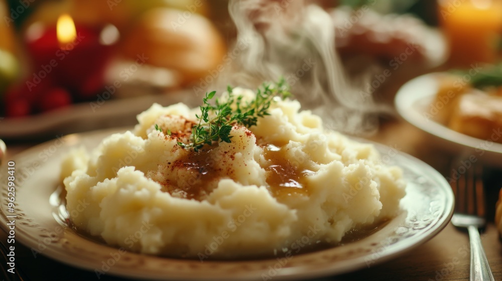 Steaming Mashed Potatoes with Gravy and Thyme Garnish Steaming Mashed Potatoes with Gravy and Thyme Garnish