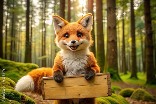 Adorable anthropomorphic fox with big bright eyes and fluffy orange fur, wearing a cheeky grin and holding a carved wooden sign, standing in a forest. photo