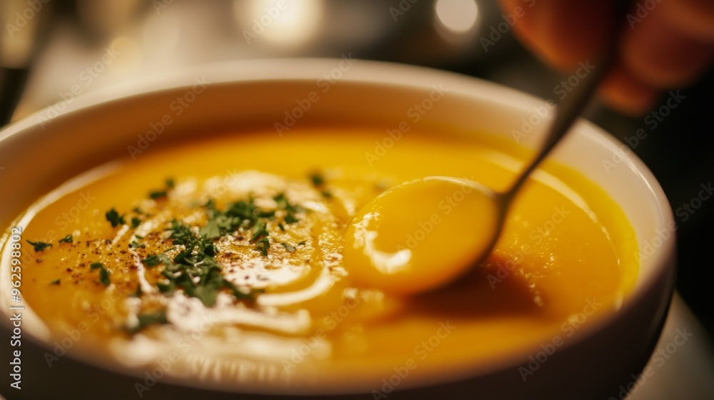 Close-up of Creamy Pumpkin Soup with Parsley and Spices in a White Bowl Close-up of Creamy Pumpkin Soup with Parsley and Spices in a White Bowl