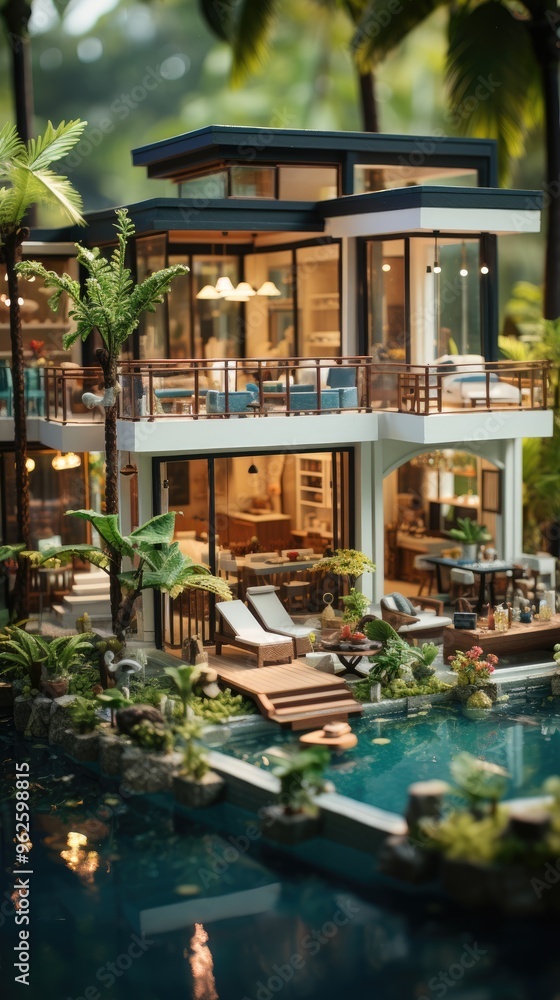 Fototapeta premium modern generic contemporary style villa neighborhood with tilt-shift focus techniqu 