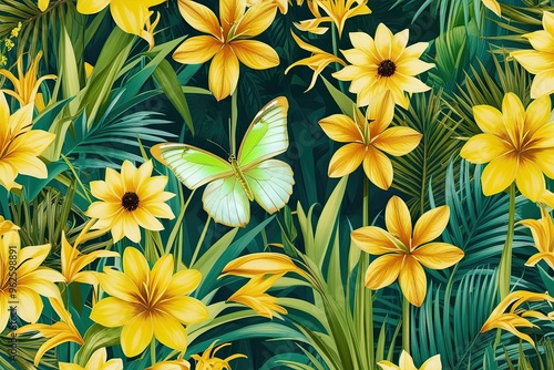 Vibrant Yellow and Chartreuse Wildflowers with Shimmering Butterfly in Tropical Garden