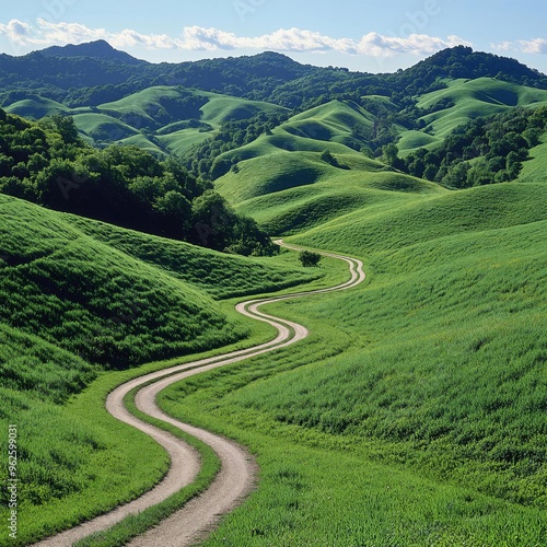 Winding Road Through Lush Green Hills. Scenic Rural Landscape. Nature and Travel Concept. Background for Poster, Banner, or Wallpaper