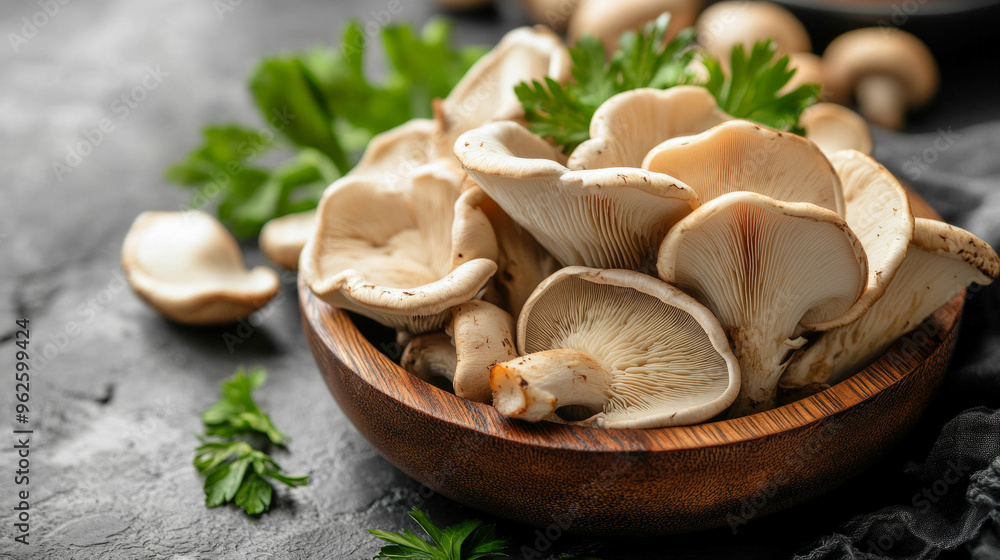 A bowl of mushrooms and parsley on a dark surface
