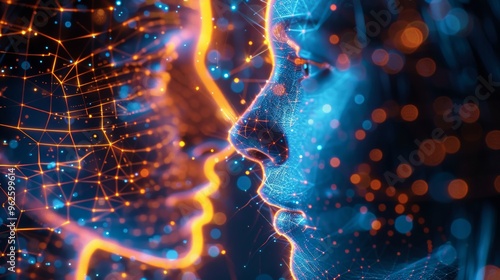 Digital Connection: Two faces, rendered in shimmering digital particles, connect in a mesmerizing display of modern love and technology. This abstract and evocative image explores the themes of intima