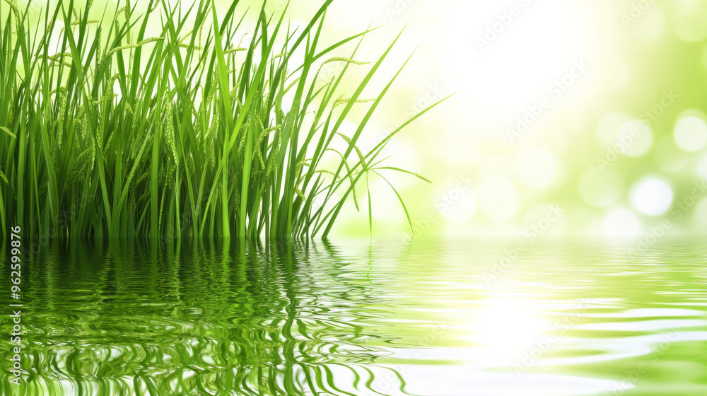 Obraz premium A green field with grass and a body of water