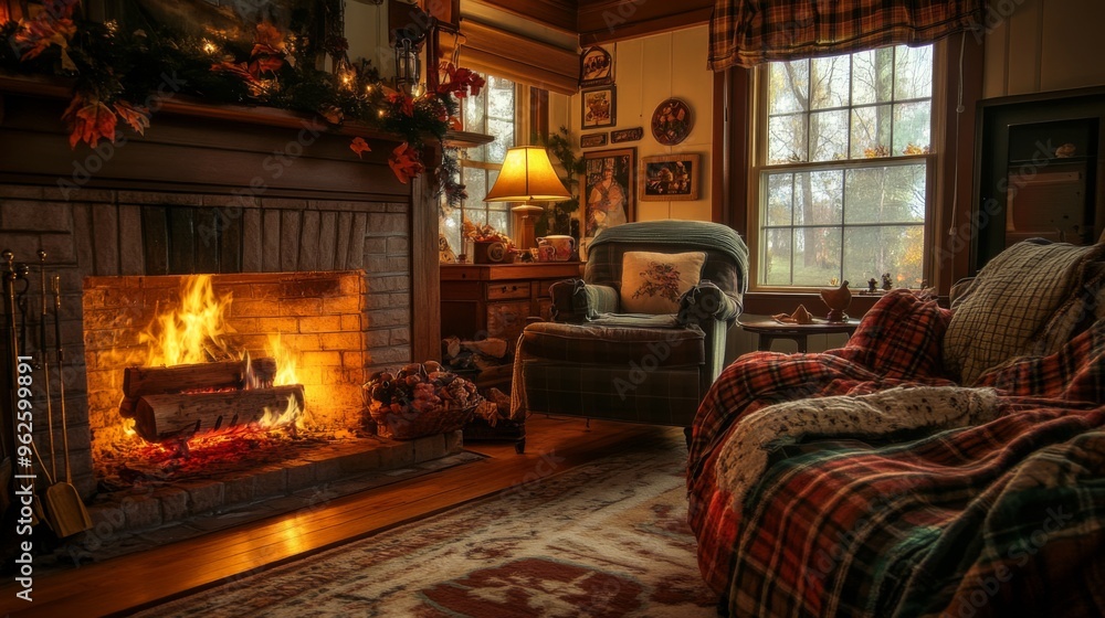 Cozy Living Room with Fireplace, Armchair, and Window View Cozy Living Room with Fireplace, Armchair, and Window View
