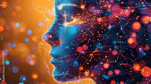 Digital Consciousness: A futuristic portrait of an ethereal woman, rendered in vibrant digital hues, symbolizing the convergence of technology and humanity. Her profile emerges from a swirling vortex 