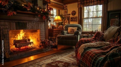 Cozy Living Room with Fireplace, Armchair, and Window View